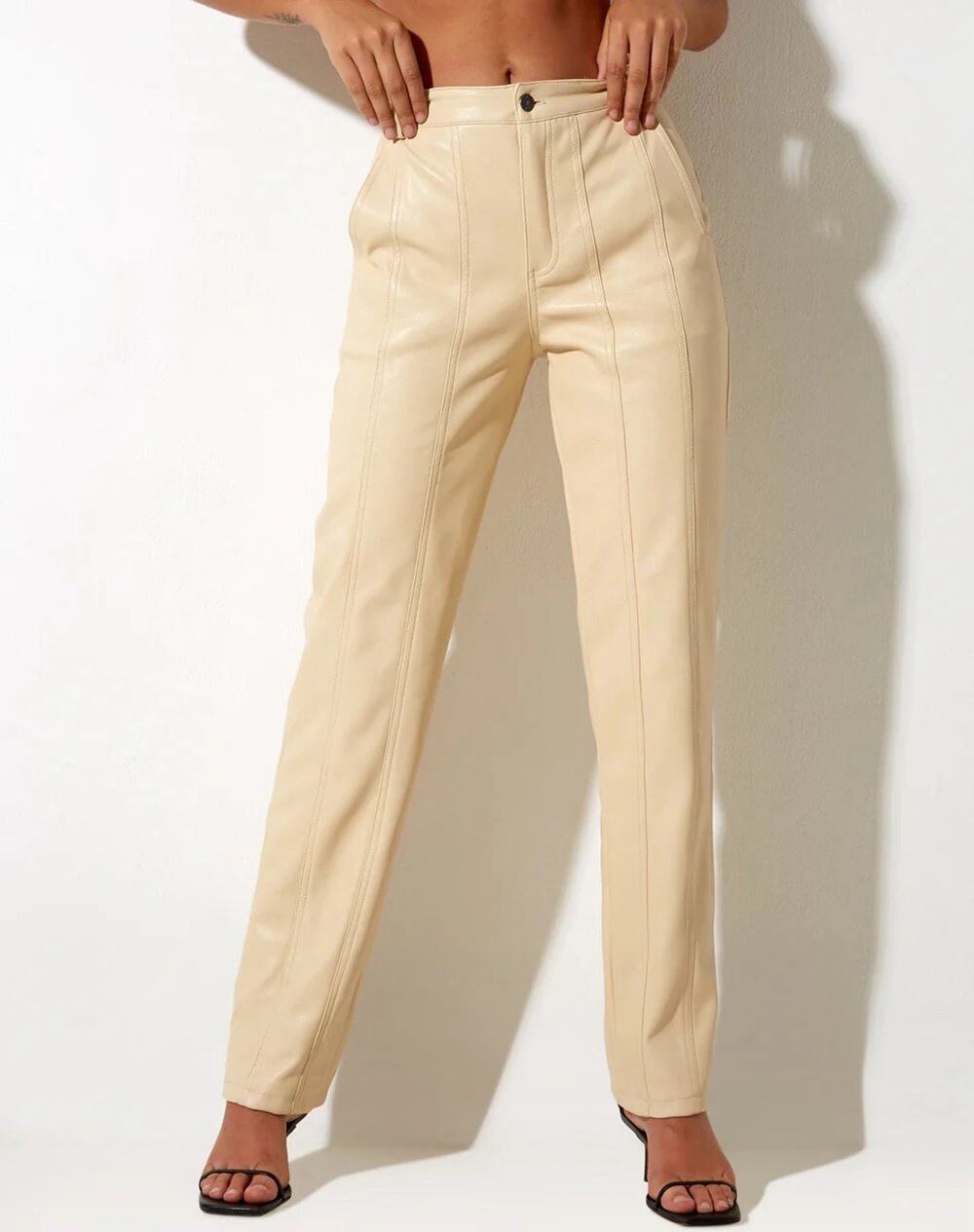 MOTEL ROCKS Centa Trouser Straight Leg Faux Leather PU Vegan Sz XS Beige